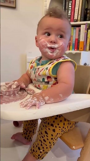 Baby Romy doing a face plant in his yogurt. ￼￼