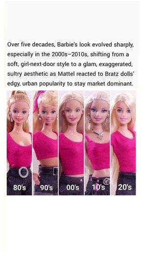 The illustrates Barbie's aesthetic evolution over five decades.
