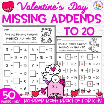 Valentine Missing Addends to 20 | Addition Equations Worksheets No-Prep Math