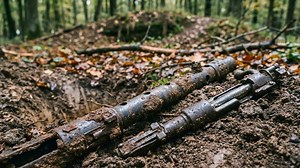 German World War II firing position recovered with rifle and machine gun components