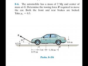 The automobile has a mass of and center of mass at Determine the towing force required to move the c