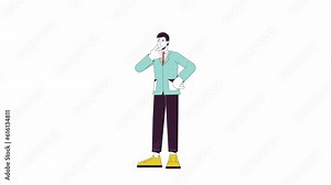 Pensive businessman animation. Animated cartoon business man expression. Isolated colour flat line 2D character 4K video footage, white background, alpha channel transparency for web design