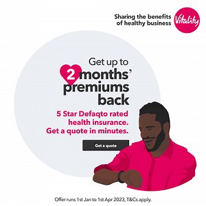 Enjoy up to 2 months premiums back as cash when you take out a qualifying small business health insurance plan and your team gets active. Offer available between 1 January and 1 April 2023. T&Cs apply. | Vitality UK