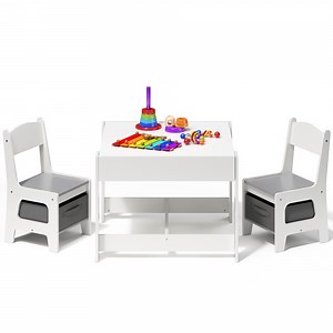 Kid's Table and Chairs Set, Asofer Toddler Craft Table with Removable Tabletop Storage for Playing Studying Eating, White&Gray