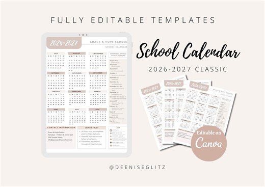 2026-2027 School Calendar Template: Editable on Canva (PDF) - Etsy