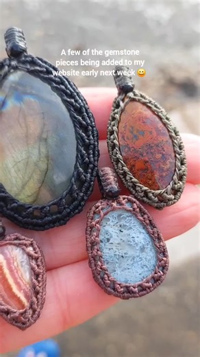 These are all completely natural gemstones in micro macrame setting, handmade by me. I am trying to do a big drop early next week and it will include a big variety of different things including gemstones, fossils and beachcombing finds. As valentines day is coming I am making sure I add lots of things that would make special gifts for men, as well as women. I think my favourite piece here is the unusual piece of agate, although the big chonk of labradorite is a close second! Thank you for watchi