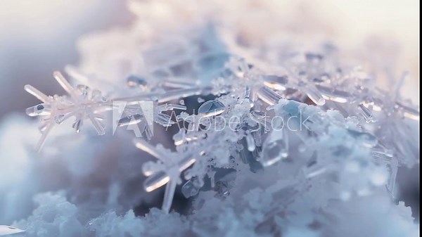 Dollying camera, panning over star ice crystals on snow, highlighting water droplet focus