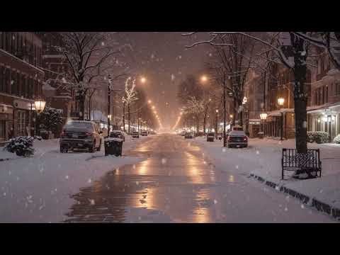 Beautiful snowy night on a city street | Falling snow sleep sounds