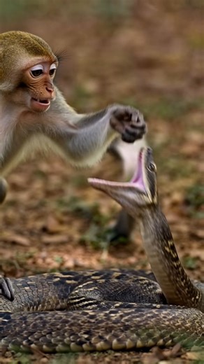 Monkey vs. Snake: Curiosity Gets a Shock! Never underestimate a snake! 😲 Watch this curious macaque monkey learn a hard lesson about personal space. He thought he could tease this coiled snake, but the snake was ready to strike! 💥 See the hilarious moment the monkey realizes he pushed his luck too far and scrambles away in fear. Nature is full of these intense little moments where wildlife tests their limits. 🌿 👇 Have you ever seen a monkey this brave? Tell us in the comments! Double tap & F