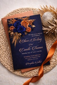 Floral Wedding Invitation Template | Navy, Copper, and Burnt Orange (editable in Canva, Digital Invite) Invite RSVP Details Set - Etsy