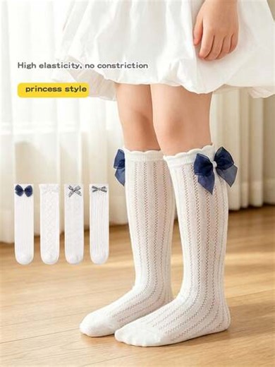 1 Pair Girls' White Mesh Bow Knee High Princess Socks, Spring/Summer | SHEIN