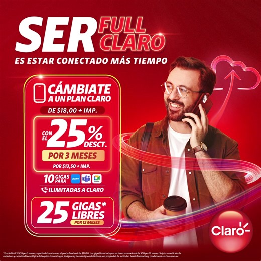19K views · 29 reactions | ¡Conéctate más tiempo con Claro!  | Cámbiate a un Plan Claro desde $18 + imp. y obtén 25 GB libres por 12 meses. 25% de descuento por 3 meses y gigas exclusivos para tus apps favoritas.... | By Claro Ecuador | Facebook