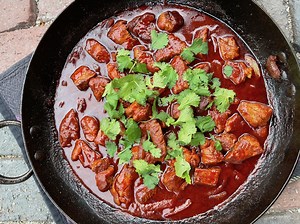 Beef Tips with Guajillo Chile Sauce and Caramelized Onions - Rick Bayless