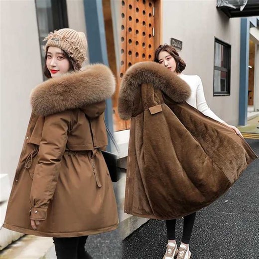 Women Fashion Long Parka Coat Winter Spring Furry Hooded Cotton-padded Jacket Fleece Liing Lady Slim Warm Parkas Coats