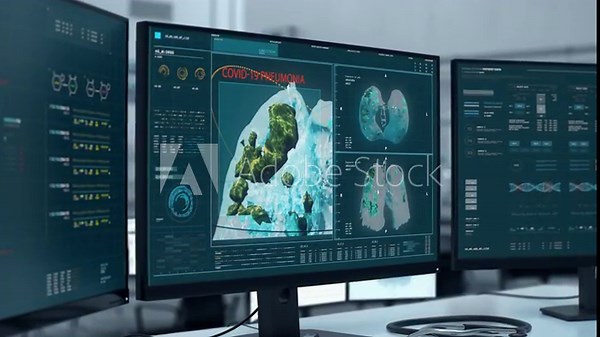 Advanced Internal Organ Examination Computer Checks Lungs For Covid Virus Diagnosis. Virus Examination Laboratory. Disease Diagnosis. X-Ray Examination Discovers Virus Diagnosis. Scanner