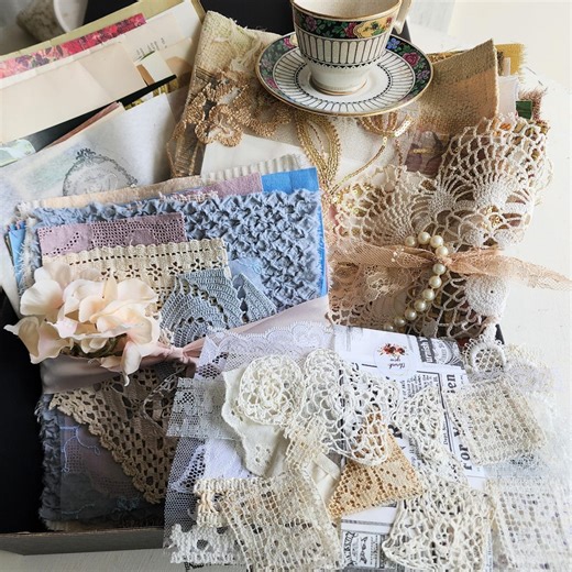 VINTAGE Junk Journal and Ephemera Box: Vintage Lace, Linens, Fabric Pieces, Antique Tea Cup - Etsy