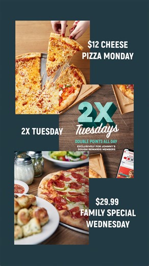 Find our weekly specials at you neighborhood pizzeria: 🍕 Monday: $12 Large Cheese Pizza 🍕 Tuesday: 2X points for Dough Rewards members 🍕 Wednesday: $29.99 Family Special - 1 Large Pizza with 2 regular toppings, 2 Small Garden Salads, and an order of Garlic Knots OR Cinnamon Knots. Which deal will you indulge in this week? . . . Monday - $12 Large Cheese Pizza: Use the code MONDAY12 at checkout for your $12 Large Cheese Pizza. Offer valid every Monday. Present this in-store to redeem. Not comb