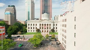 Aerial view of the Ohio State House, in Columbus with frontal camera approach . The Ohio Statehouse is the state capitol building and seat of government for the U.S. state of Ohio
