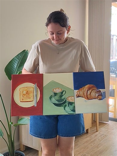 hosted a paint and sip for my mum's birthday, now I can't stop painting breakfast items & pastries 🥐 well and truly caught the painting bug 🪲 #painting #foodpainting #paint #arttok #artjourney
