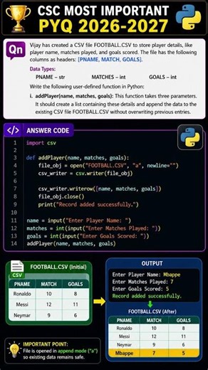 CSV File Handling PYQ PART-1 🔥 | addPlayer() Explained Easily | Class 12 CS