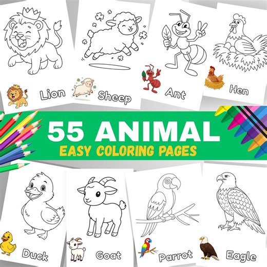 55 Easy Animal Coloring Book for Kids, Animal Coloring Pages for Toddlers, Preschool Coloring Printable (PDF) Animal Coloring Book - Etsy