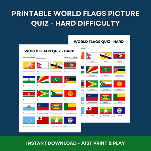 World Flags Quiz: Printable Trivia Game - Hard Difficulty (digital Download) - Etsy