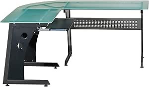 Techni Mobili Deluxe Tempered Frosted Glass L Shaped Corner Desk With Pull Out Keyboard, Graphite