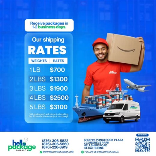 Hello Package Jamaica on Instagram: "Your packages, delivered fast & stress-free 📦✈️ With Hello Package Jamaica, receive your packages in 1–2 business days — no hidden costs, just clear, affordable rates you can trust. 💸 Shipping starts at $700 for 1 lb 📦 Ideal for online shoppers & small businesses 📍 Convenient St. Catherine pickup Ship smarter. Save time. Stay connected. 🔗 Visit hellopackageja.com or scan the QR code #hellopackageja #fastdeliveryja #shipeasyja #jamaicashipping #onlineshop