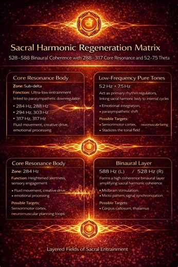 528–588 Binaural Coherence • 288–317 Core Resonance • 5.2–7.5 Theta Flow Subliminal Activators: 8240692 · 5285213 · 9187948181 ⸻ Overview This frequency stack is engineered for mid-body energetic integration, focusing on sacral harmonic fields and low-theta rhythmic entrainment. The configuration blends pure tones, isochronic modulation, and stereo-phase binaural induction, structured to support cellular coordination, neuromuscular coherence, and internal signal flow. Embedded beneath the main s