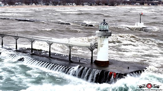 50 mph wind gusts slamming St. Joseph Lighthouse today | Timeless Aerial Photography
