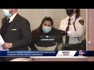 Woman charged in husband's stabbing death collapses in court