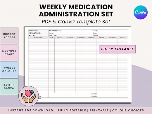 MAR Weekly Medication Administration Record Template - LTC, Nursing Homes & Home Health (printable PDF + Canva) - Etsy