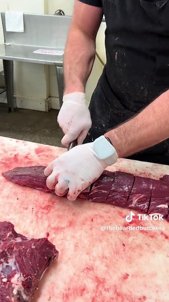Cutting Bison tenderloin into filets 🔪🥩 Watch the full Bison Diagram video on our YouTube Channel! #fyp #foryou #video #bison #filets #tenderloin #viral #knives #trending #foryou #fyp #bbq #meat #thebeardedbutchers #youtube #butcher