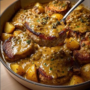 Côtelettes de Porc fondant et pommes de terre servis avec sauce crémeuse 😍 Ingredients: • 4 côtelettes de porc avec os, 200 à 250 g chacune • 2 cuillères à soupe d'huile végétale • 2 cuillères à soupe de beurre .... 𝐋𝐚 𝐫𝐞𝐜𝐞𝐭𝐭𝐞 𝐜𝐨𝐦𝐩𝐥è𝐭𝐞 👇👇👇 | Cuisine avec Nina