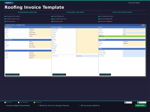 Roofing Invoice Template | Roofer Contractor Billing Receipt Excel Spreadsheet - Etsy