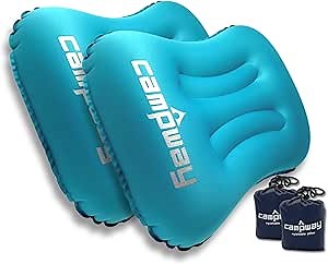 Inflatable Camping and Travel Pillows with Travel Bag- Water-Resistant-Compressible Air Pillow for Neck and Back Support-Packable Pillow for Camping-Hiking and Backpacking-Pack of 2-Cool Blue