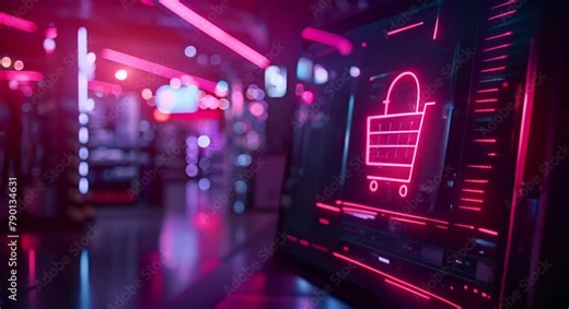 An illustration of a shopping cart icon in a futuristic setting.