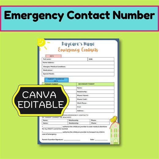 Emergency Contact Number Form for Daycare | Editable Canva Template | Childcare Contact Sheet | Instant Download PDF | A4 & US Letter - Etsy