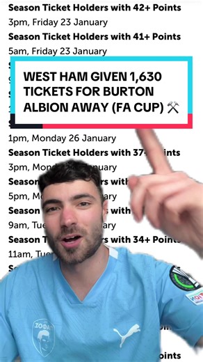 Burton Albion away ticket information has been released. A very generous 1,630 away allocation, even though the ground only holds 6,912. Let’s see if it gets to my points 🤞🏻⚒️ #burtonalbion #westham #facup #football #fyp