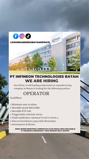 PT INFINEON TECHNOLOGIES BATAM POSISI 1 OPERATOR 2 TECHNICIAN #lamarsekarang #batamkotatehobeng #lokerbatam #lokerbatam