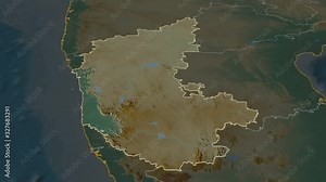 Karnataka, state with its capital, zoomed and extruded on the relief map of India in the conformal Stereographic projection. Animation 3D
