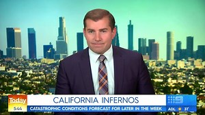 Fierce winds are fanning raging bushfires in California - thousands of people ordered to evacuate as crews battle to bring two huge infernos under control. #9News | http://9News.com.au | 9 News