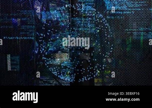 Python script launching, sphere forming, growing and streaming code across hex mesh to show data. Globe, digital, glowing, blue, network, nodes, visualization Stock Video Footage - Alamy