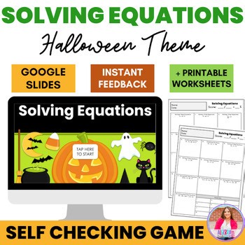 Solving Equations Algebra 1 Halloween Theme Digital Game Google Slides Worksheet