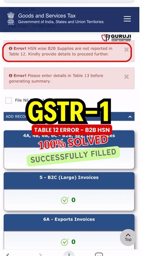 CA Guruji | GST | Income Tax| Finance | Investment on Instagram: "GSTR-1 Table 12 error 100% Solved ! | Don’t Skip This Step While Filing GSTR1 #gst #caguruji"