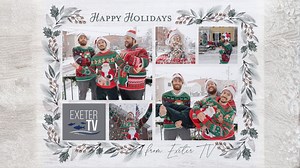 3.2K views · 62 reactions | To spread holiday cheer, and see if residents know that they have a local TV station, Bob hit the streets of Exeter with a stack of Exeter TV Holiday Cards... Happy Holidays from the Exeter TV crew Bob, Dan, Gabe, and Will! | Exeter TV | Facebook