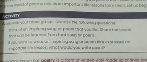 Discussion QuestionsThink of an inspiring song or poem that y... | Filo
