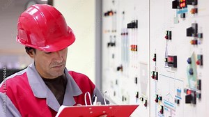 Control Room Operator Monitoring and Controlling the System and Equipment. Engineer in Uniform Stands in front of the Control Panel in the Control Room and Writing the Results of Measurements.