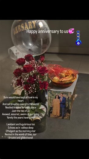 Leena Jha on Instagram: "Happy Anniversary to us! Thanks for the lovely roses, and thoughtful gifts😍...And here's our beating pulse😘 Sure would have kept all love in my heart And not breathe a word to the world Nestled in some far away place Just the two of us Avowed, assured, aware of our being Yarely the years have gone! Lambent and lugubrious too Echoes as in valleys' deep Effulgent as the morning star Nested in the womb of time, our Arcane and gilded bond!💞💞🎉❤️ #anniversary"