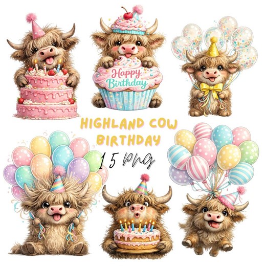 Highland Cow Birthday Clipart, Quirky Festive Cow Graphics, Digital Download, 15 PNG - Etsy